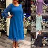 Plus Size Midi Dress for Women Office Daily Wear Fall Spring Parties A Line Layerd Hem Three Quarter Sleeves Round Neck Mid Calf Length