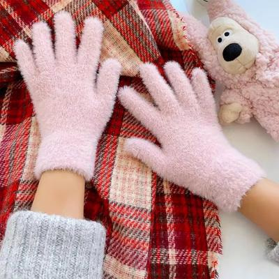 Guantes de piel sintética de conejo para ciclismo al aire libre de invierno a la moda para mujer, guantes de terciopelo de cinco dedos