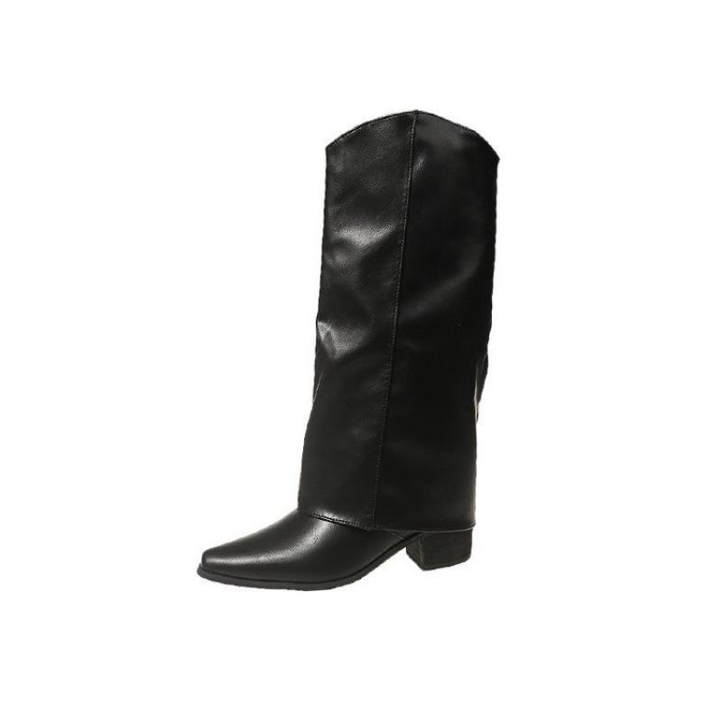 But knee height increase thick heel pointed boots women's fake trouser legs Spice girl fried street trouser tube boots