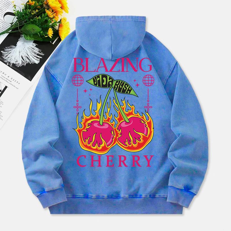 Blazing Cherry Washed Hoodies Women Vintage Prints Cotton Pullovers Distressed Pocket Oversize Hooded Clothes