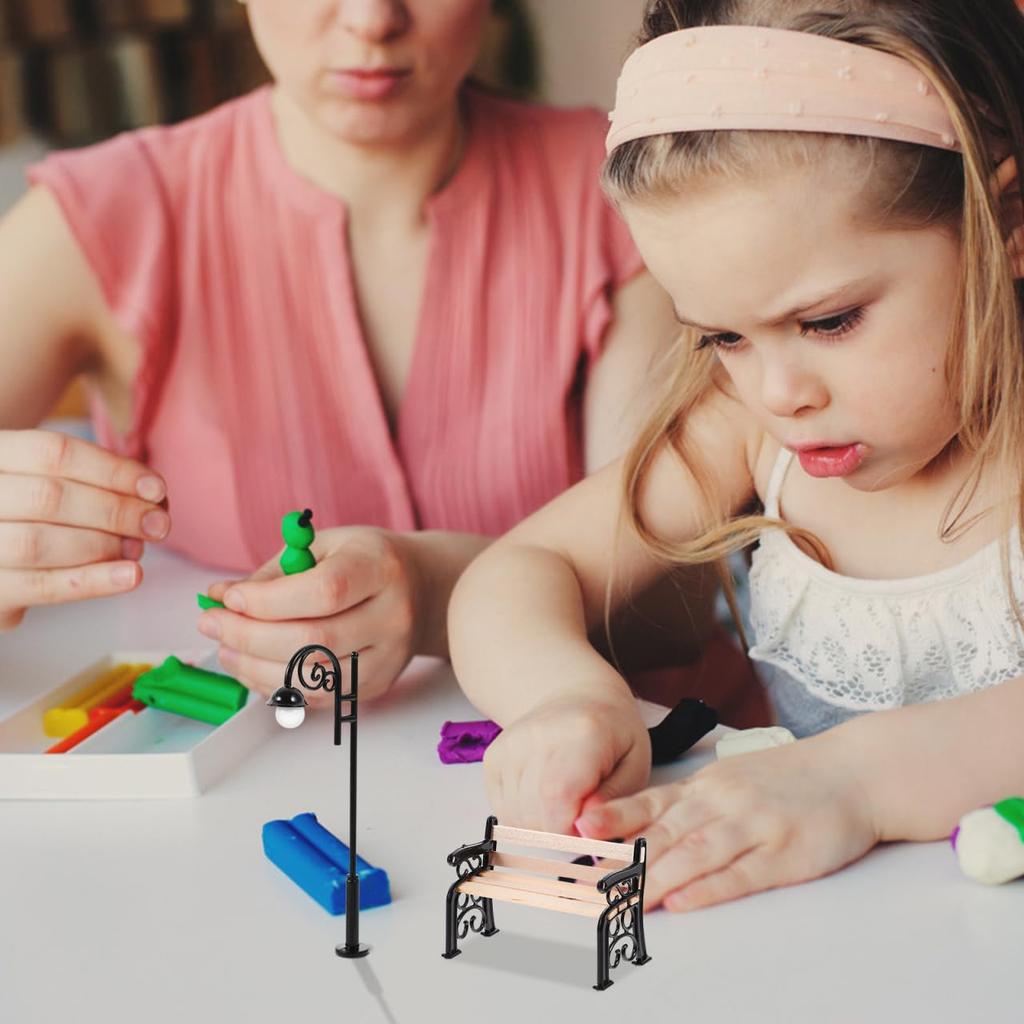 Ifundom Miniature Park Bench Set with Mini Street Light Post for DIY Dollhouse, Miniature Garden Furniture, 9.00 X 3.00 X 1.00cm, Desktop Decor