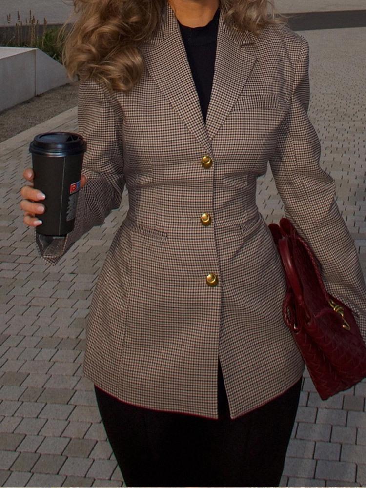 2024 Euro-American Plaid Waist-Cinching Slim-Fit Coat with Long Sleeves and Turn-Down Collar for Autumn/Winter Fashion