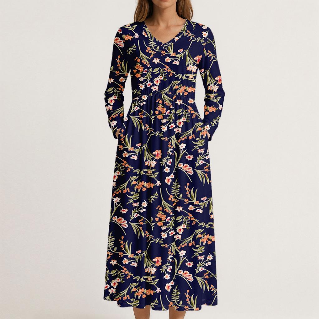 Kadınlar İçin Elbise Uzun Boho Plaj Elbisesi Zarif Maksi Elbise V Yaka Uzun Kollu Cepli Elbise