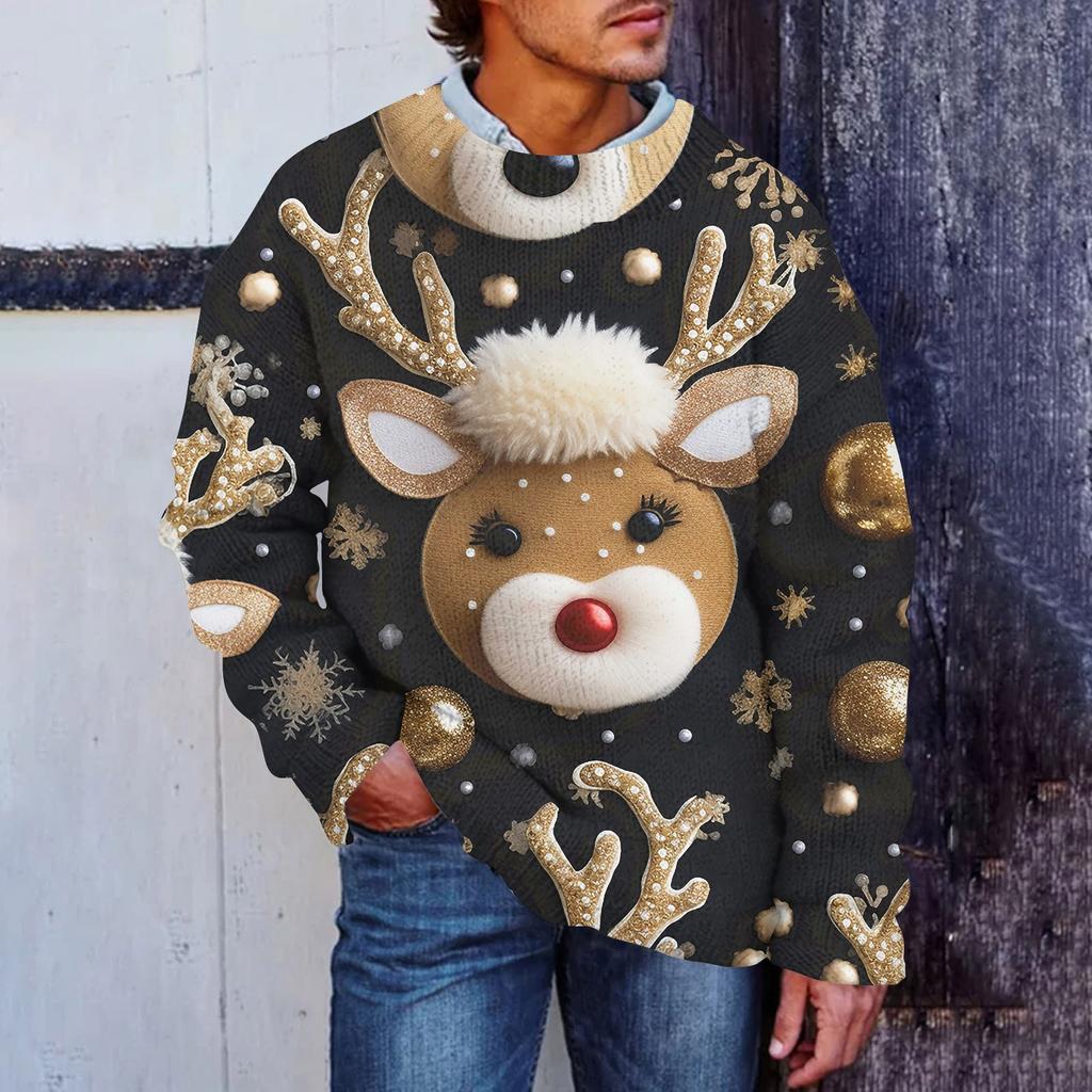 Pánský umělý svetr s vánočním potiskem, mikina s výstřihem, volný top s dlouhým rukávem