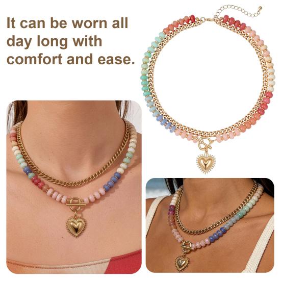 Preppy Aesthetic Beaded Necklace Women Layered Necklace, Heart Pendant Colorful Bohemian Choker Jewelry for Summer Beach Party