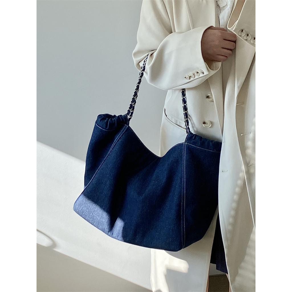 IELGY Female Bag Korean Style Large-Capacity Denim Chain Shoulder Tote Bag