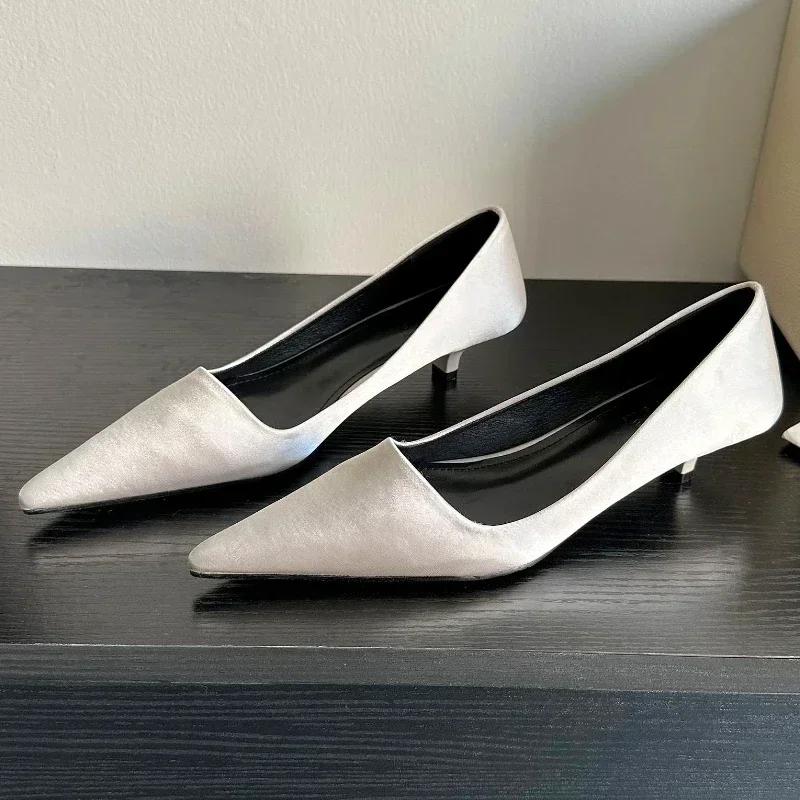 Fashion Elegant Satin Low Heel Women Pumps Sexy Pointed Toe High Heels 3cm Comfort Shallow Office Mules Shoe Dress Shoes Zapatos Mujer