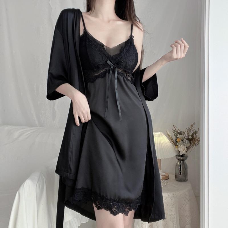 Erotic lingerie sexy lace suspender bathrobe deep V low cut hot perspective seduction suit