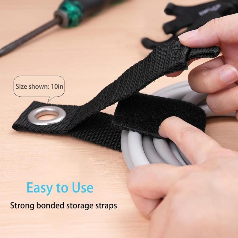 Hook-and-Loop Extension Cord Organizer Wraps, Set of 6 with Eyelet Ends for Gathering Coiled Cables After Use and Keeping Storage Areas Neater