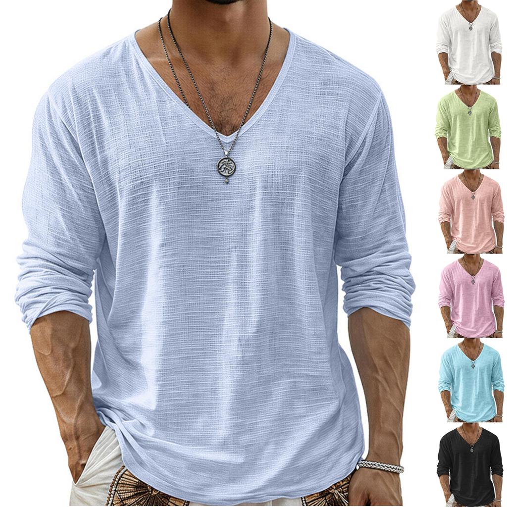 Men Long Sleeve T Shirt V Neck Solid Color Casual Streetwear Lightweight Comfortable Fit Simple Design Long Sleeve Top