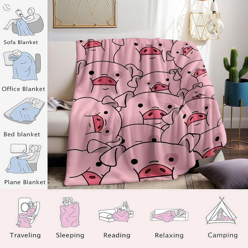 Cute Pink Cartoon Pig Printed Blanket Suitable for Sofas Beds Offices Travel Camping Chairs Warm Plush Blanket