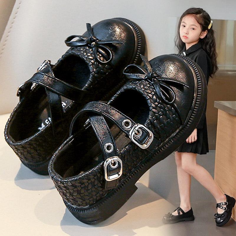 Kids Fashion Leather Shoes Spring Children Mary Jane Bean Shoes Girls Bow Princess Flat Shoes