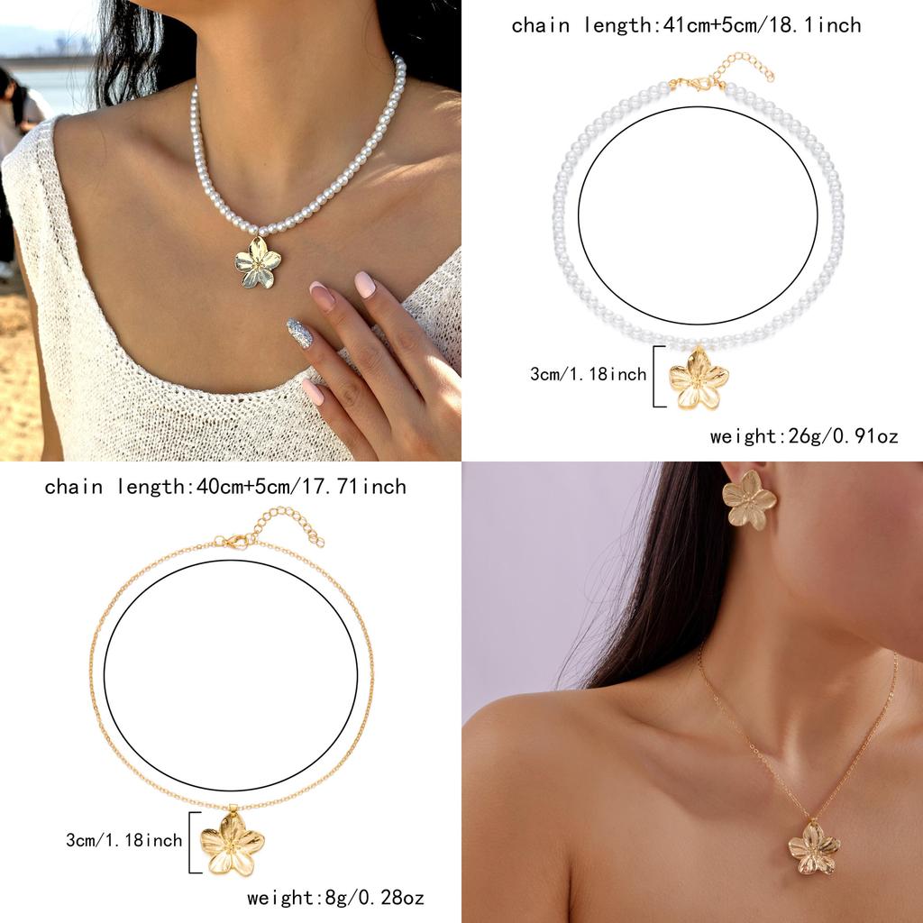 Elegant Gold Flower Pendant Necklace And Earrings Set For Office Women