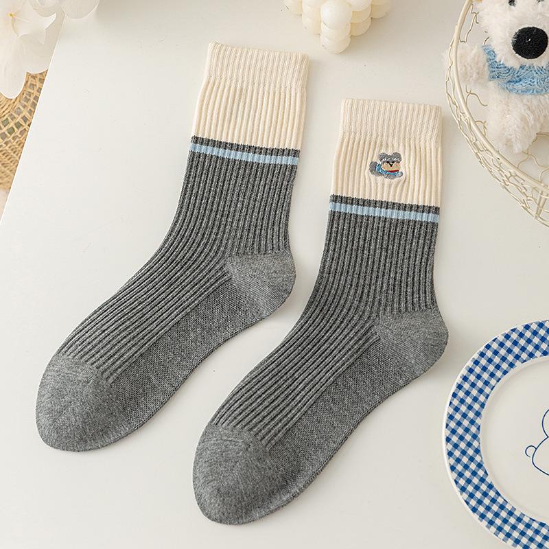 Women's Autumn/Winter Cute Puppy Mid-Calf Socks, Korean & Japanese Style, Color Block, Striped & Warm