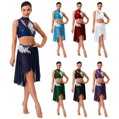 Womens Lyrical Dance Outfits Sleeveless Hollow Out Crop Top Irregular Mesh Hem Briefs Skirt Applique Dancewear Set