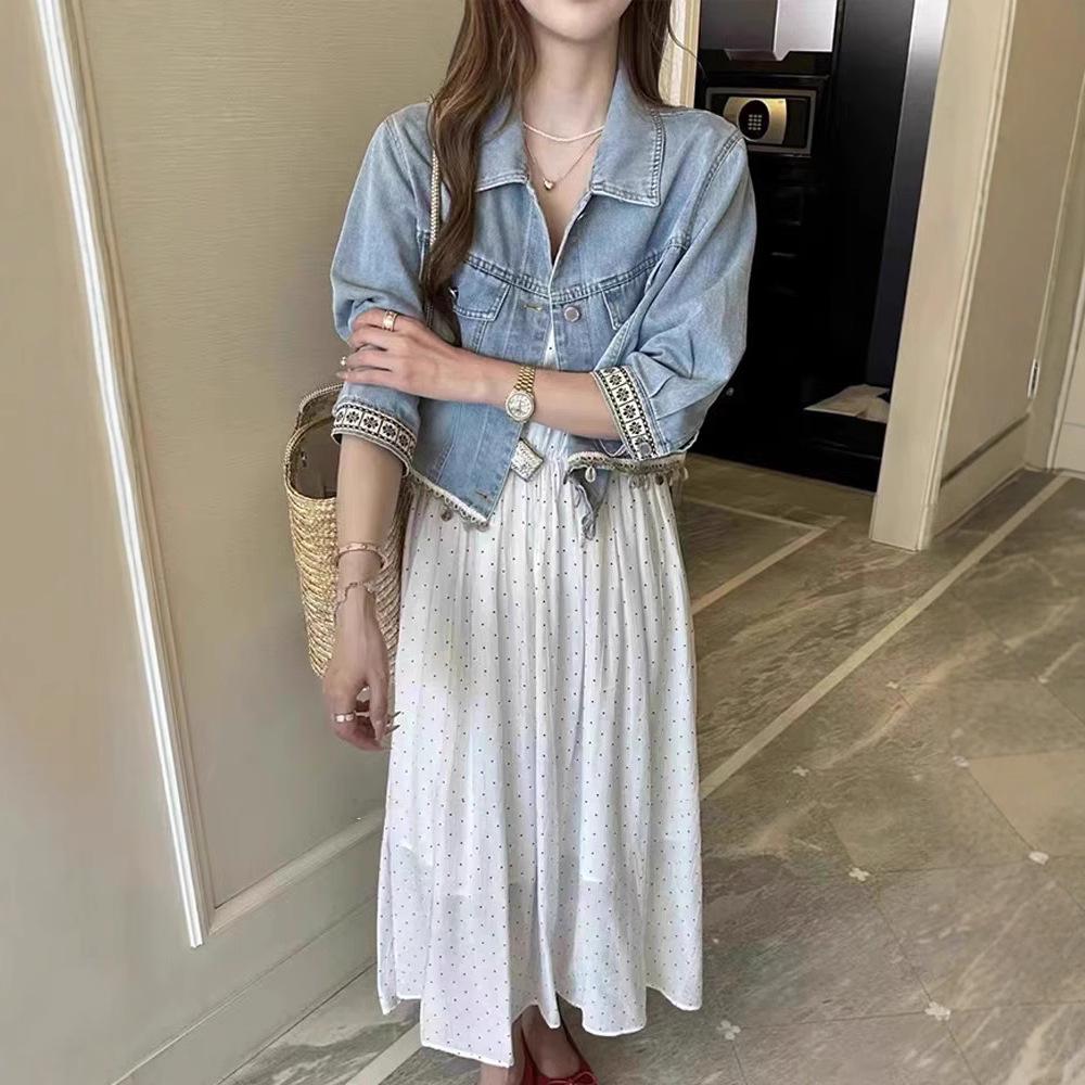 

Trendy Summer 2025 Polka Dot & Floral Chiffon Denim Two-Piece Dress Set - Short-Sleeve Style M