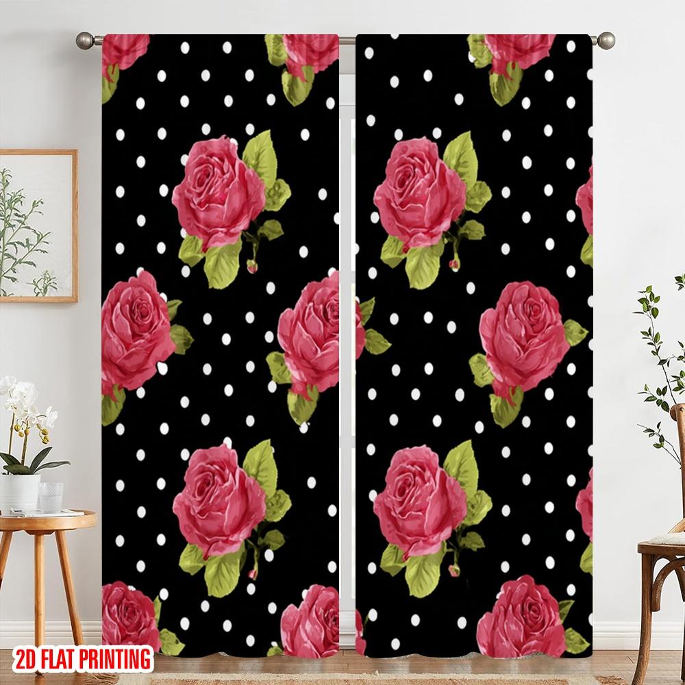 2Pcs,2D Plane Printing Light Filtering Curtains Roses On Polka Dots Versatile Durable Polyester (Without Rod) Holiday Ldeal For