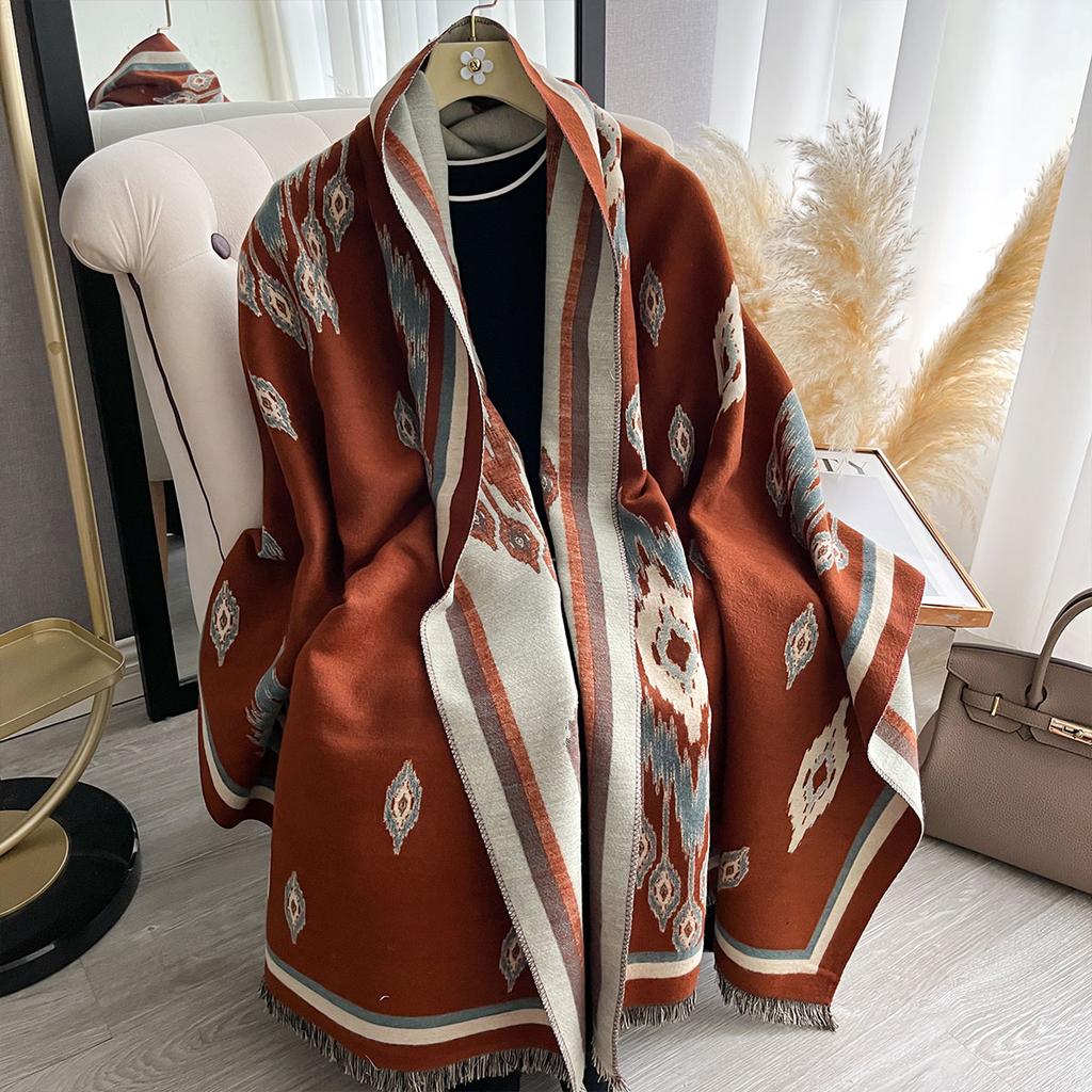 Luxury Ethnic Style Faux Cashmere Scarves Winter Women's Pashmina Shawls Warm Blanket Wraps Female Scarf Brand Thick Headscarf