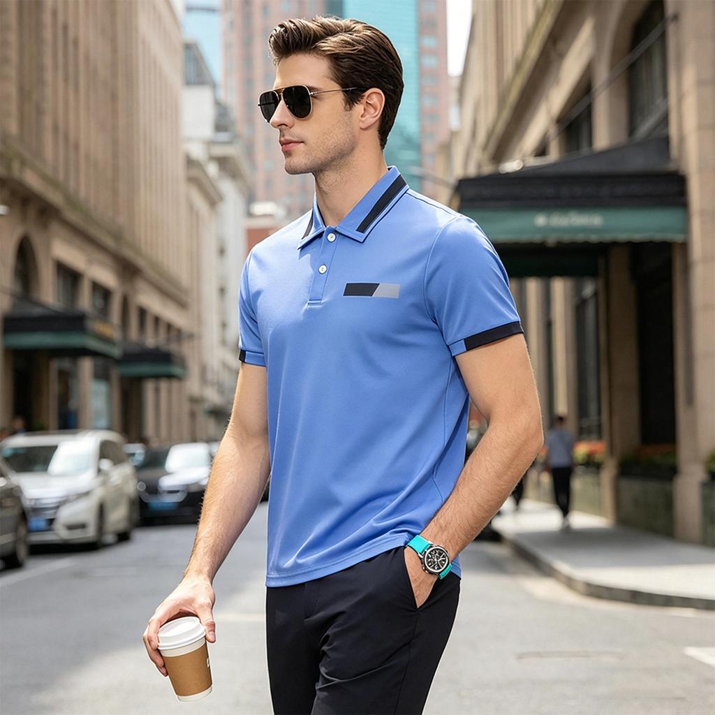 Men's Short Sleeve Polo Shirt Classic Fit Button Down Collar Pocket Design Casual Lightweight Breathable Top for Daily Wear