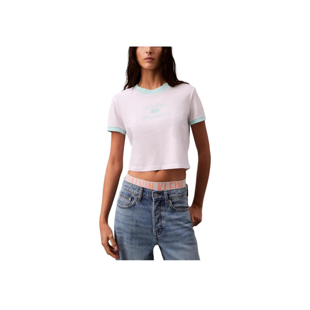 Calvin Klein Short Soft Breathable Round Neck Short Sleeve T-Shirt Women Tops Bright-White Blue-Light 47B808G-113