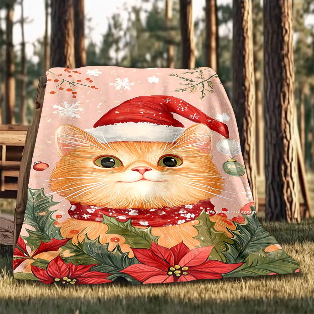 1pc Christmas Cat Decorations Outdoor Flannel Blanket , Machine Washable Perfect Gift for Birthday , Holiday Travel Accessory , Durable Material