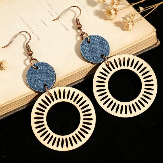 Vintage Hollow Geometric Denim Patchwork Wooden Earrings for Women