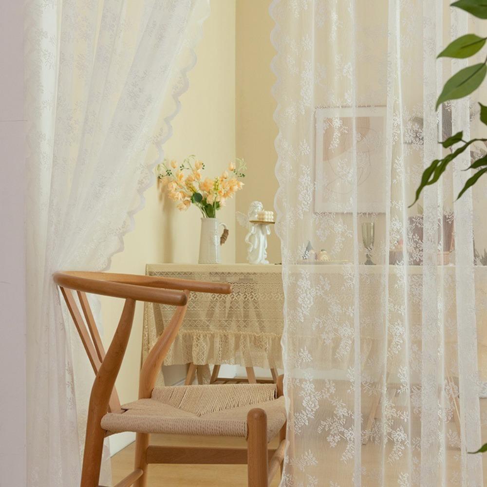 

French Style Door Curtain Floral Embroidered Window Lace Screen Romantic White Tulle Curtain Door 1.5*2.5m