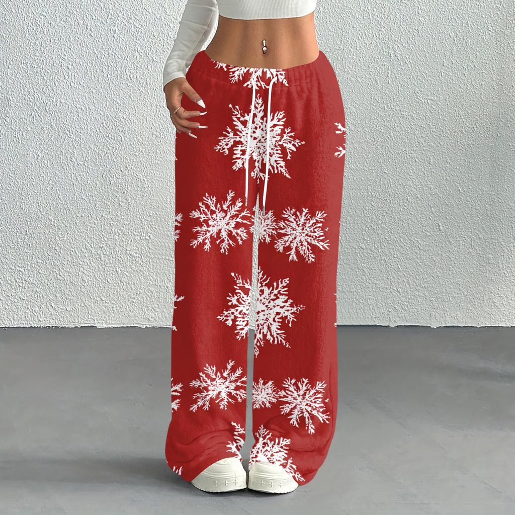 Women's Casual Christmas Print -Lined Loose Fit Straight Leg Pants with and Elastic Waist for Winter