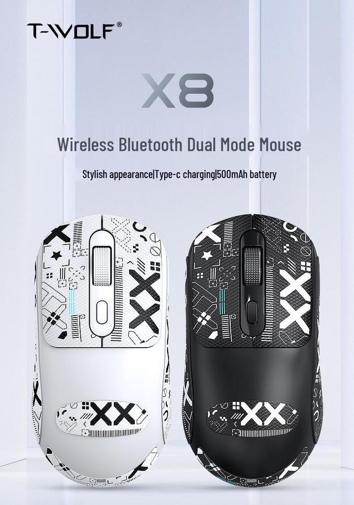 T-WOLF X8 Lightweight Bluetooth Gaming Mouse with Silent Click and Anti-Slip Stickers