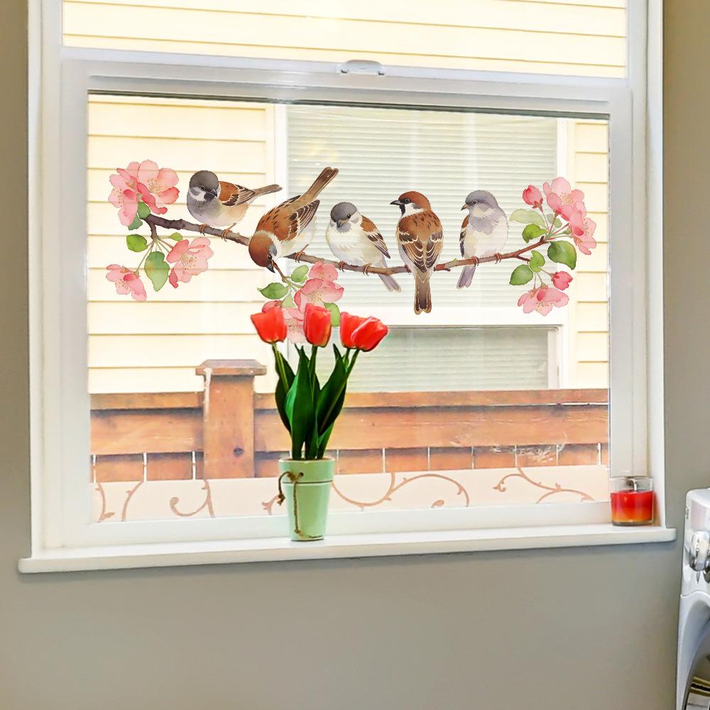 Static Cling Sparrow Flower Branch Window Sticker for Bedroom Entryway Home Decor