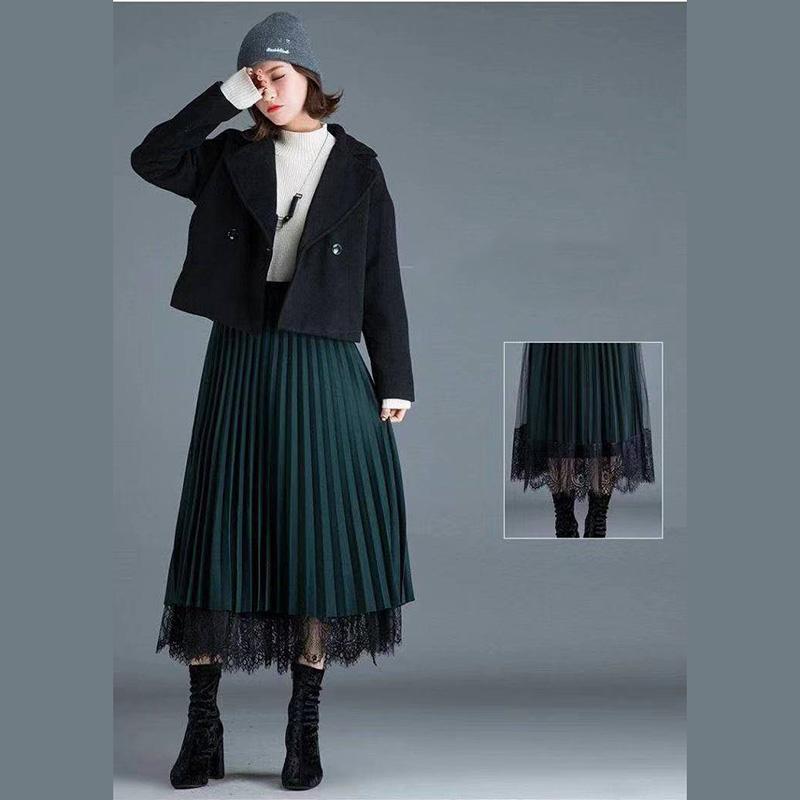 Beidseitig tragbar Goldener Samtgarn Bedruckter Spitzrock Damen Midilänge Elastischer Bund Plissee-Rock Schule Arbeit Reise