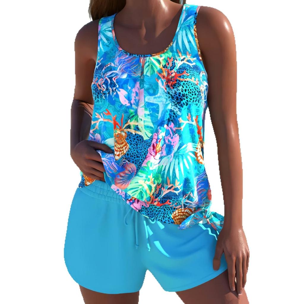 2026 Women Printed Tankini Set Women's Sporty Backless Swim Top & Modest Boyleg Shorts High-End Two Piece Swimwear Summer Beach