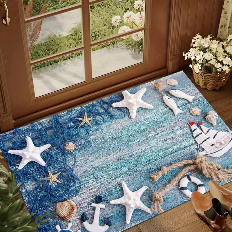 Tappeto Antiscivolo Tema Marino Tappeto con Onde della Spiaggia Tappetino Tappeto 3D con Conchiglie e Stelle Marine Antiscivolo Decorazione Casa Costiera Tappetino di Benvenuto