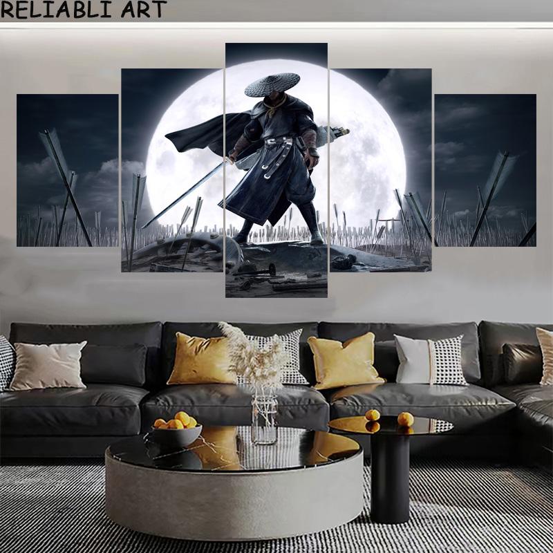 5 Pieces Samurai Japanese Style Portrait Canvas Painting Posters and Prints Wall Art for Living Room Home Decor No Frame