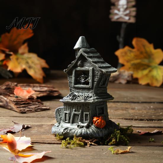 Dark Haunted House Figurine Halloween Ornament, Resin Miniature, Shape Old Stone Texture Decor with Skull Elements Desktop Decoration for Micro