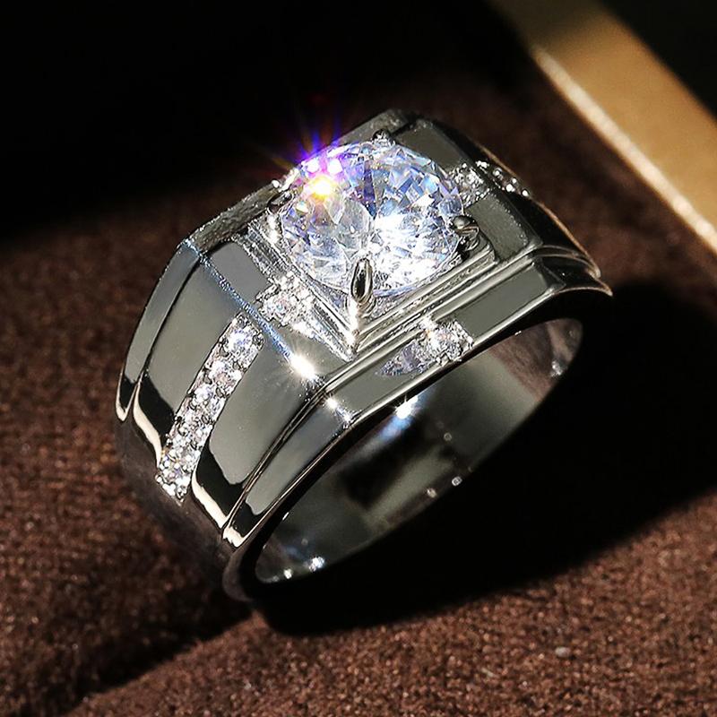 Huitan Luxury Silver Color Round Cubic Zircon Rings for Men Classic Wedding Ceremony Ring Dazzling Male Accessories Jewelry