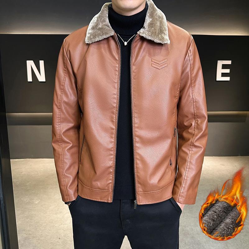 Fleece-linedthickened leather jacketmen leather fleece-linedthickenedheattech fur collartrendyeasiest for match cross-borderoutwear