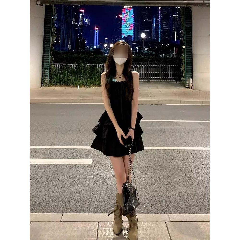 

Новое весеннее французское черное платье на подтяжках, детское летнее платье с завышенной талией, темпераментное французское облегающее платье, платье принцессы XL- (recommended 110-60kg)