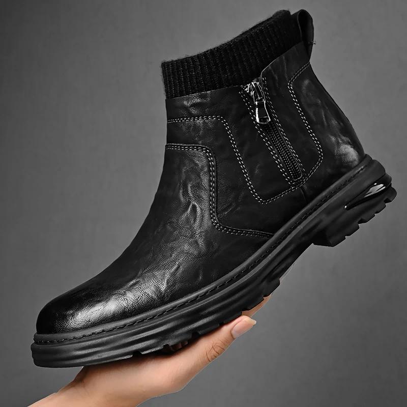 New Men Fashion Ankle Boot Casual Leather Lightweight Side Zipper Outdoor Boot Men Classic Breathable Work Shoes Winter Non Slip
