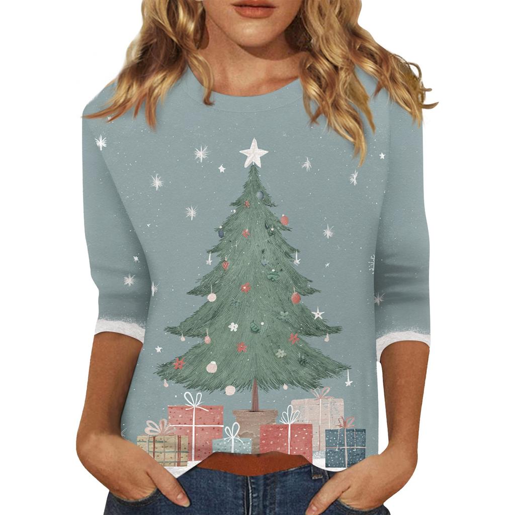 Women's O-Neck 3/4 Sleeve Christmas Print Top