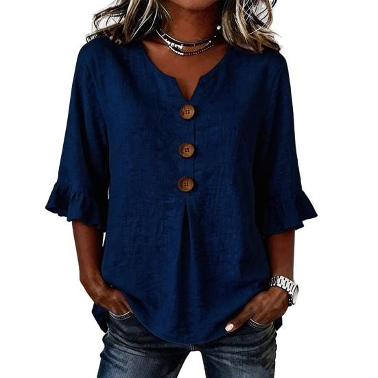 Women Shirt Stand-Up Collar Half Sleeve Ruffle V-Neck Buttons Decor Cuffs Pullover Tops S темно-синий
