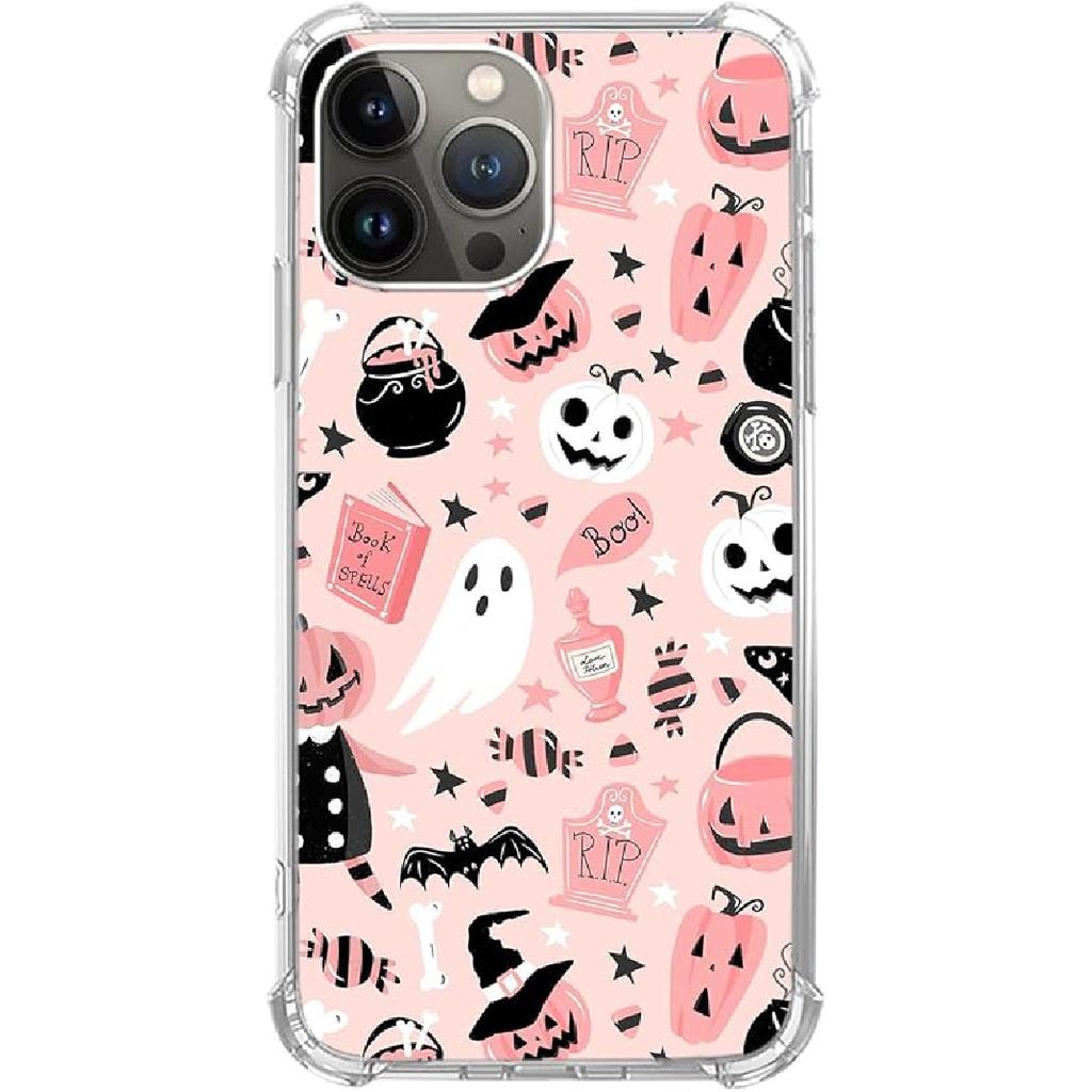 Pink Halloween Pumpkin Ghost Case Compatible with iPhone 14 Pro Max, Witchy Pumpkin Halloween Boo Cover for iPhone 14 Pro Max, Cool Cute TPU Bumper