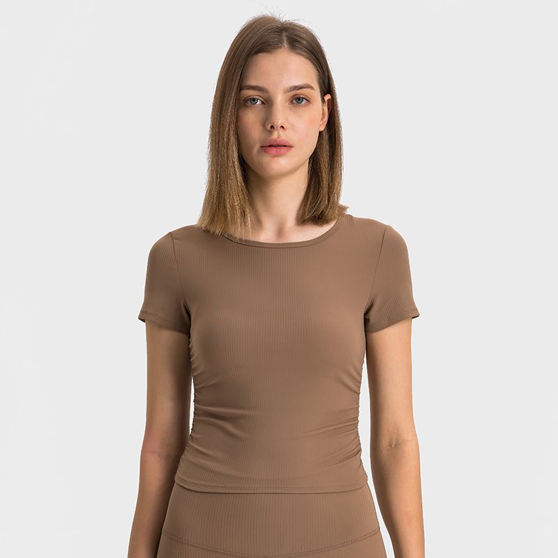 

Original Summer Yoga Clothing Top Women s Short Rib Short-Sleeved T-shirt Women s Waist-Tight Slim Looking Sports Running Fitness Clothes Barley Brown M/6