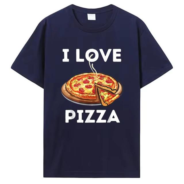 Cross-border Western trendy T-shirts for men, I Love Food tops, pizza cartoon print T-shirts, men's short-sleeve T-shirts