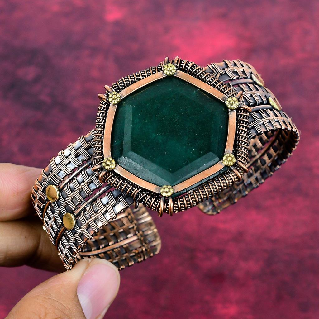 Pulseira de Esmeralda Zambiana Multifacetada Joia Enrolada com Fio de Cobre Pulseira Ajustável