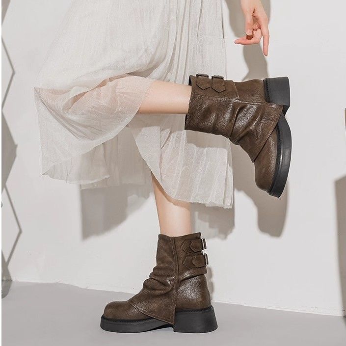 Maillard Martin boots for women's new retro short tube, new trousers, autumn and winter folds piled up thick-soled short boots for women