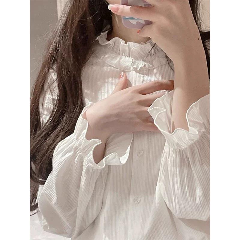 French Edge Stand Collar Loose Cardigan White Women's Shirt, 2025 Autumn/Winter Collection
