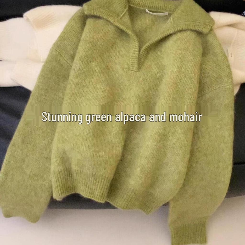 Must-Have Retro Green Mohair Sweater for Women - Relaxed Fit, Big Lapel, Versatile Knitwear