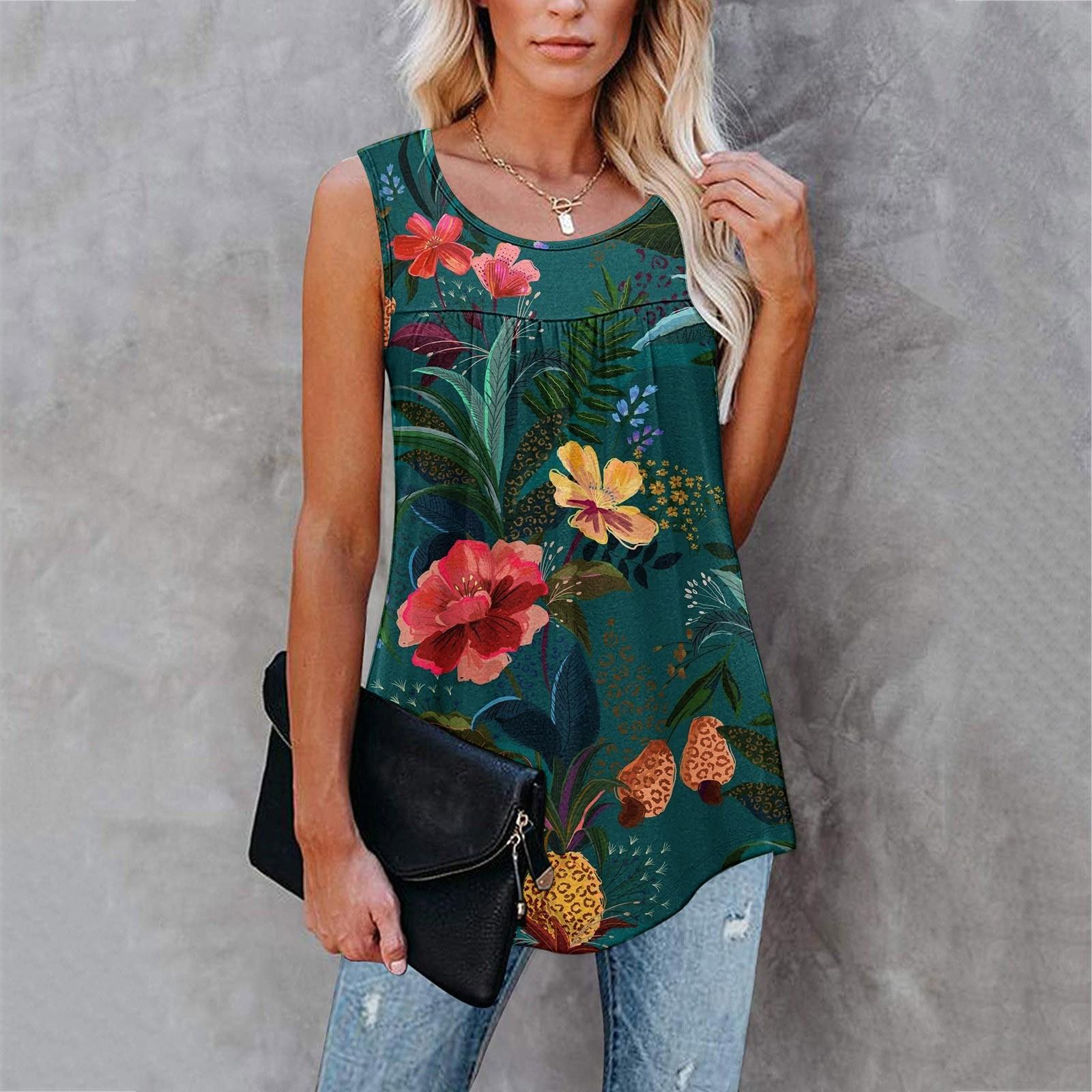 

Женская повседневная свободная майка больших размеров с цветочным принтом без рукавов плиссированная футболка XXXL зелёный
