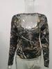 European Fashion 2025 Women's Retro Camouflage Tree Branch Pattern U-Neck Slim Fit Cropped T-Shirt